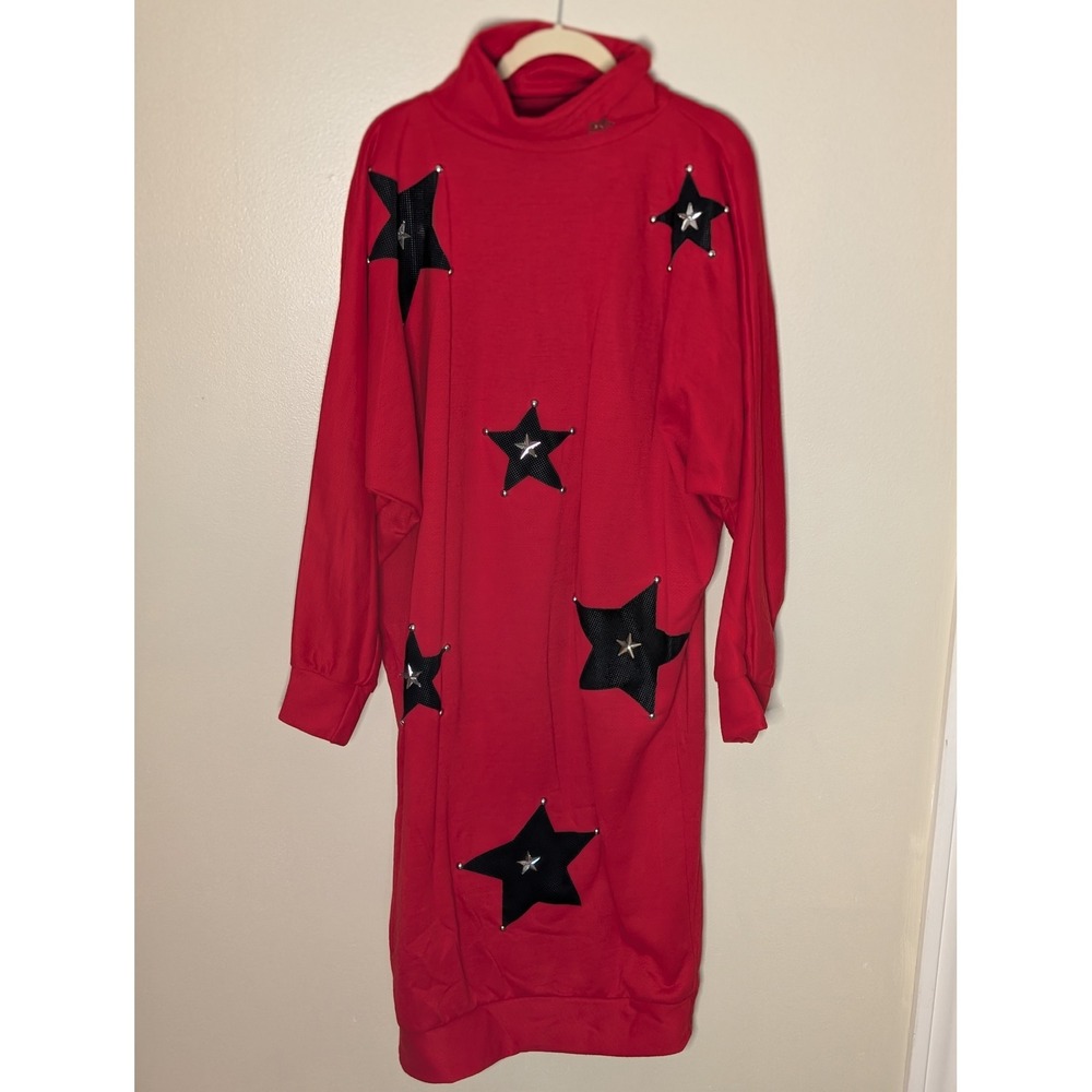 Vintage Rennar Red Sweatshirt Dress Black Star Applique Cowl Neck Retro Medium